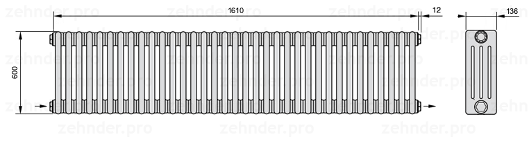 Схема (чертеж) Радиатор Zehnder Charleston 4060/35 №2670 Белый глянцевый RAL 9016